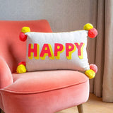 Bombay Duck Small Talk HAPPY Embroidered Cushion on Linen Coral/Yellow