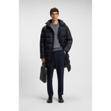 BOSS Longline Water-Repellent Padded Jacket With Hood In Dark Blue