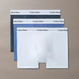 Calvin Klein 3 Pack Relaxed Dart Trunks Icon Cotton Stretch in White/Blue Tulip/Turbulence