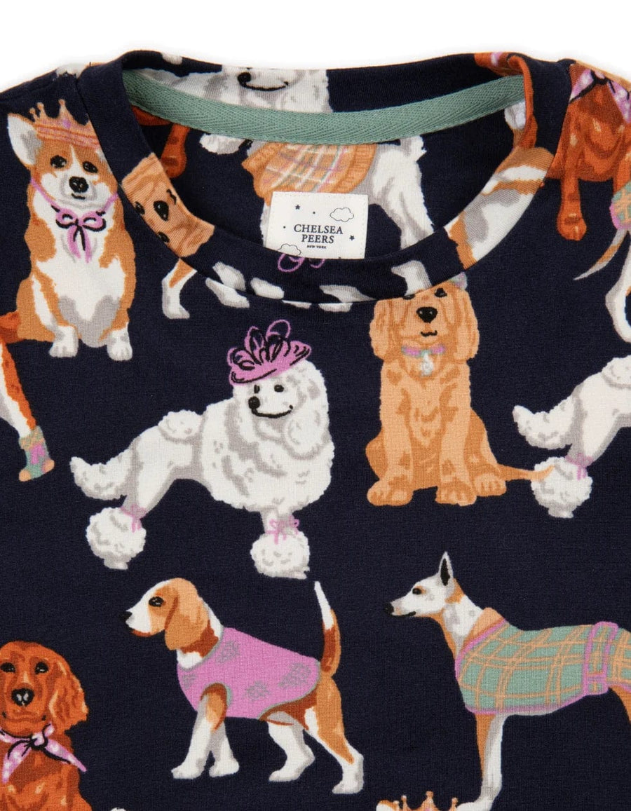 Chelsea Peers Kids Navy Posh Dogs Print Long Pyjama Set