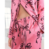Chelsea Peers Satin Bow Print Long Pyjama Set In Pink