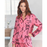 Chelsea Peers Satin Bow Print Long Pyjama Set In Pink