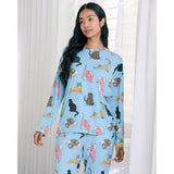 Chelsea Peers Sleepy Cats Print Long Pyjama Set In Blue