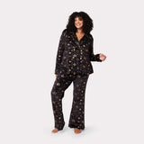 Chelsea Peers Velour Black & Gold Metallic Foil Star Print Long Pyjama Set