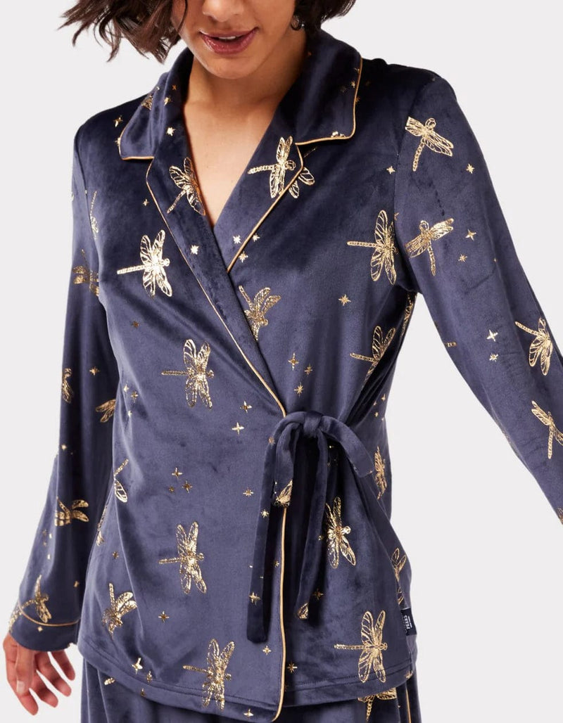 Chelsea Peers Velour Navy & Gold Foil Dragonfly Print Pyjama Set