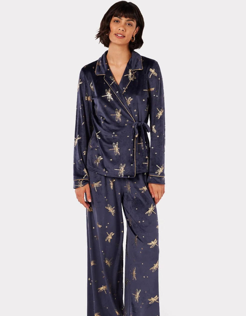 Chelsea Peers Velour Navy & Gold Foil Dragonfly Print Pyjama Set