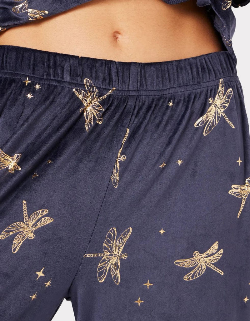 Chelsea Peers Velour Navy & Gold Foil Dragonfly Print Pyjama Set
