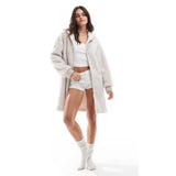 DKNY Sherpa Fleece Hooded Zip Robe In Cream