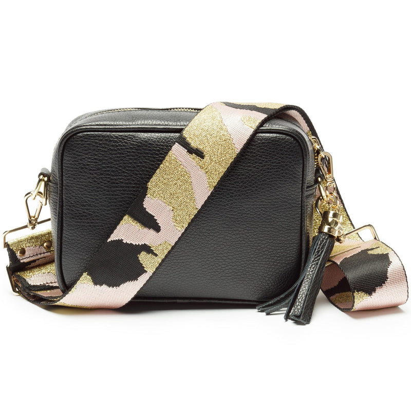 Elie Beaumont Black Camera Bag With Pink Camo Strap