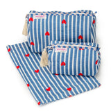 Elie Beaumont Serendipity Cotton Cosmetic Bag Set In Blue Stripe Red Heart