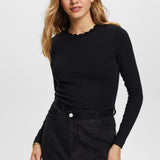 Esprit Long sleeve top with a scalloped neck in Black