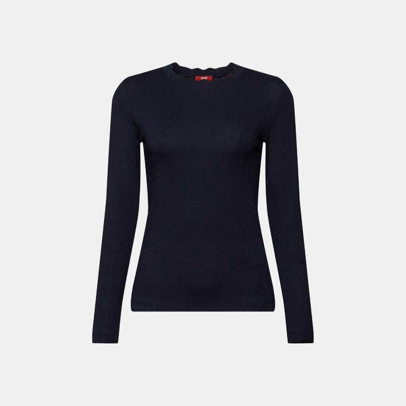 Esprit Long sleeve top with a scalloped neck in Navy