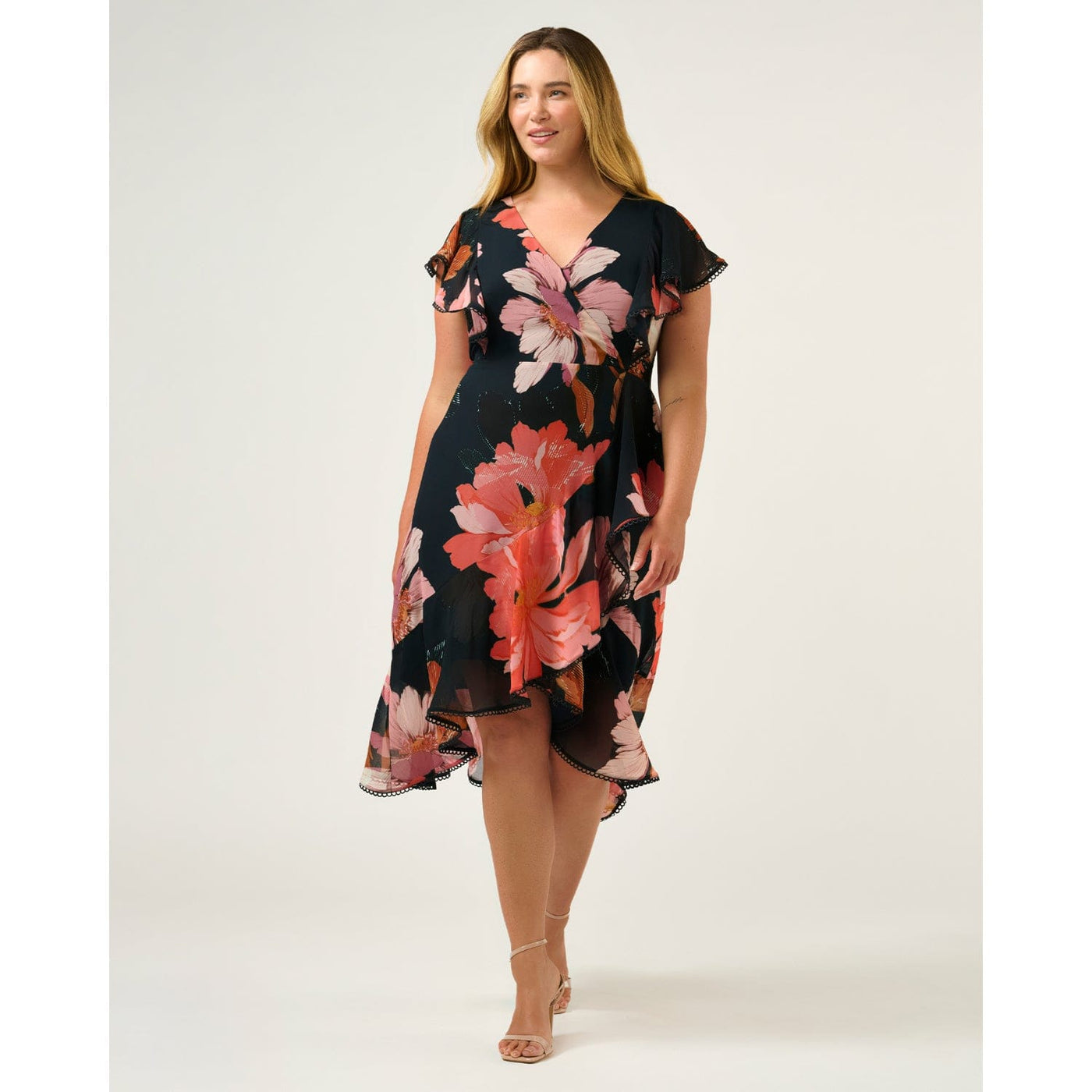 slim fit dress slacks Elena Tiered Cotton Midi Dress-Blue, Ornamental Floral