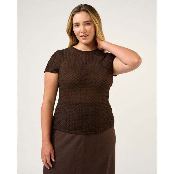 Estelle Naomi Textured Mesh Top in Brown