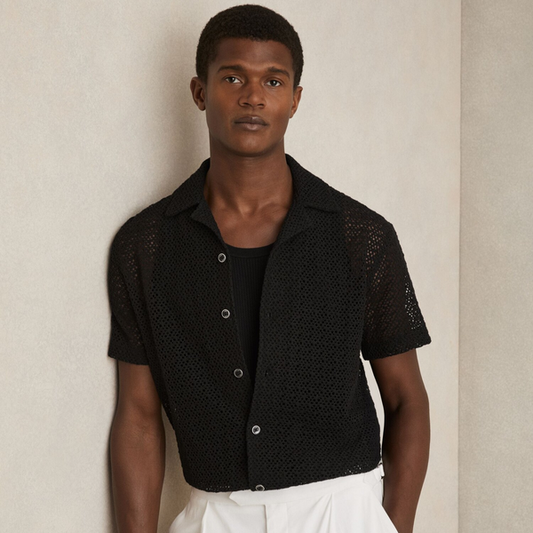 Reiss Sterling Crochet Cuban-Collar Shirt in Black