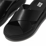 FitFlop F-Mode Leather Flatform Cross Slides in All Black