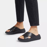 FitFlop F-Mode Leather Flatform Cross Slides in All Black