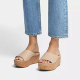 FitFlop Eloise Cork-Wrap Leather Wedge Slides Stone Beige