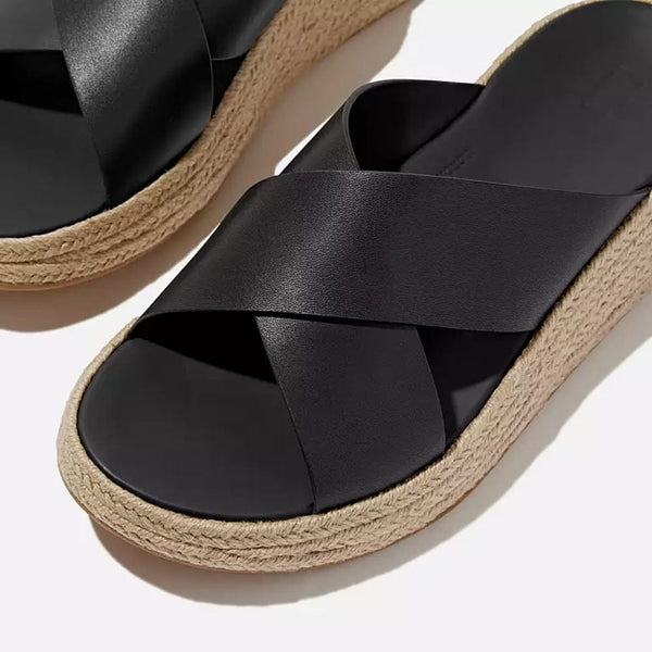 FitFlop F-MODE Espadrille Leather Flatform Cross Slides In Black
