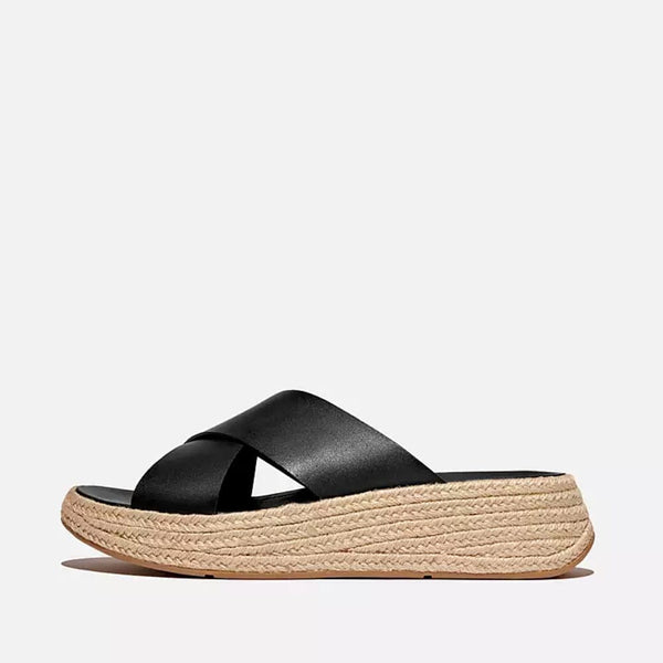 FitFlop F-MODE Espadrille Leather Flatform Cross Slides In Black