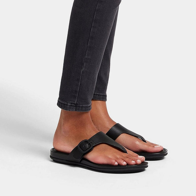 FitFlop Gracie Matt-Buckle Leather Toe-Post Sandals Black