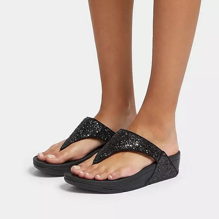 FitFlop Lulu Glitter Toe-Post Sandals in Black Glitter