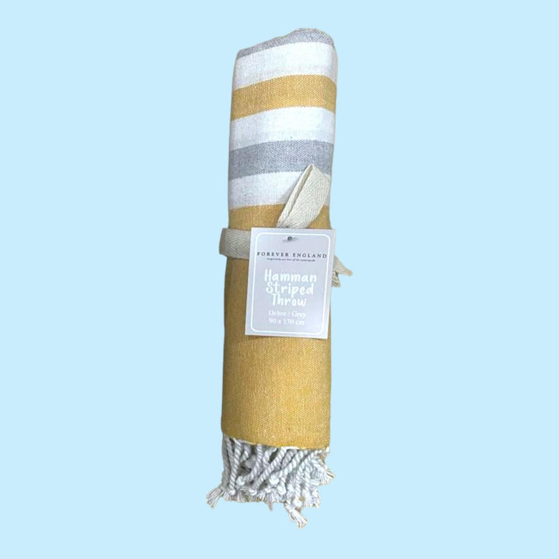 Forever England Hammam Striped Towel / Throw -Ochre/Grey