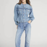 FRAME The Nipped Collarless Denim Jacket in Umbria