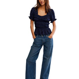 Free People Adore You Blouse In Peacoat Combo In Navy
