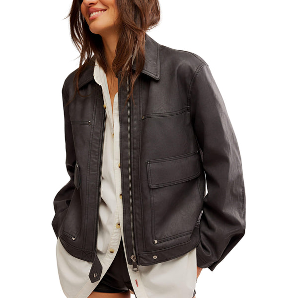 Free People Blair Vegan Leather Jacket In Charcoal