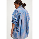 Free People Striped Varsity Vibes Shirt In Blue Combo