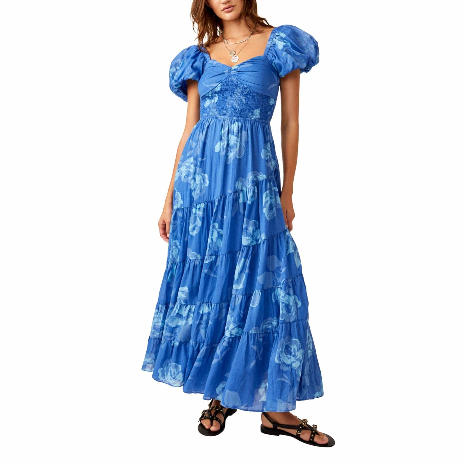 free people sundrenched smocked puff sleeve maxi dress Free People Sundrenched Short-Sleeve Maxi Dress