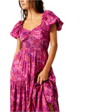 Free People Sundrenched Short-Sleeve Maxi Dress in Magenta