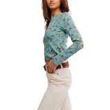 Free People Tilly Long-Sleeve Cardi in Mineral Blue Combo Print