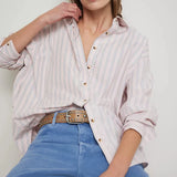 Free People We The Free Striped Varsity Vibes Shirt In Pink Combo