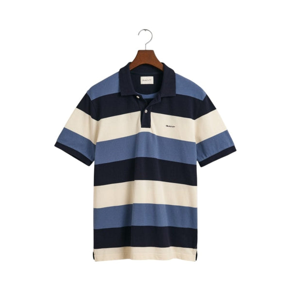 GANT Blue Striped Piqué Polo In Blue, White Blocks