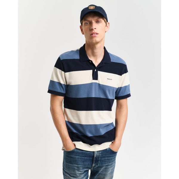 GANT Blue Striped Piqué Polo In Blue, White Blocks