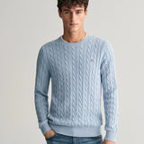 Gant Cotton Cable Knit Crew Neck Sweater in Dove Blue