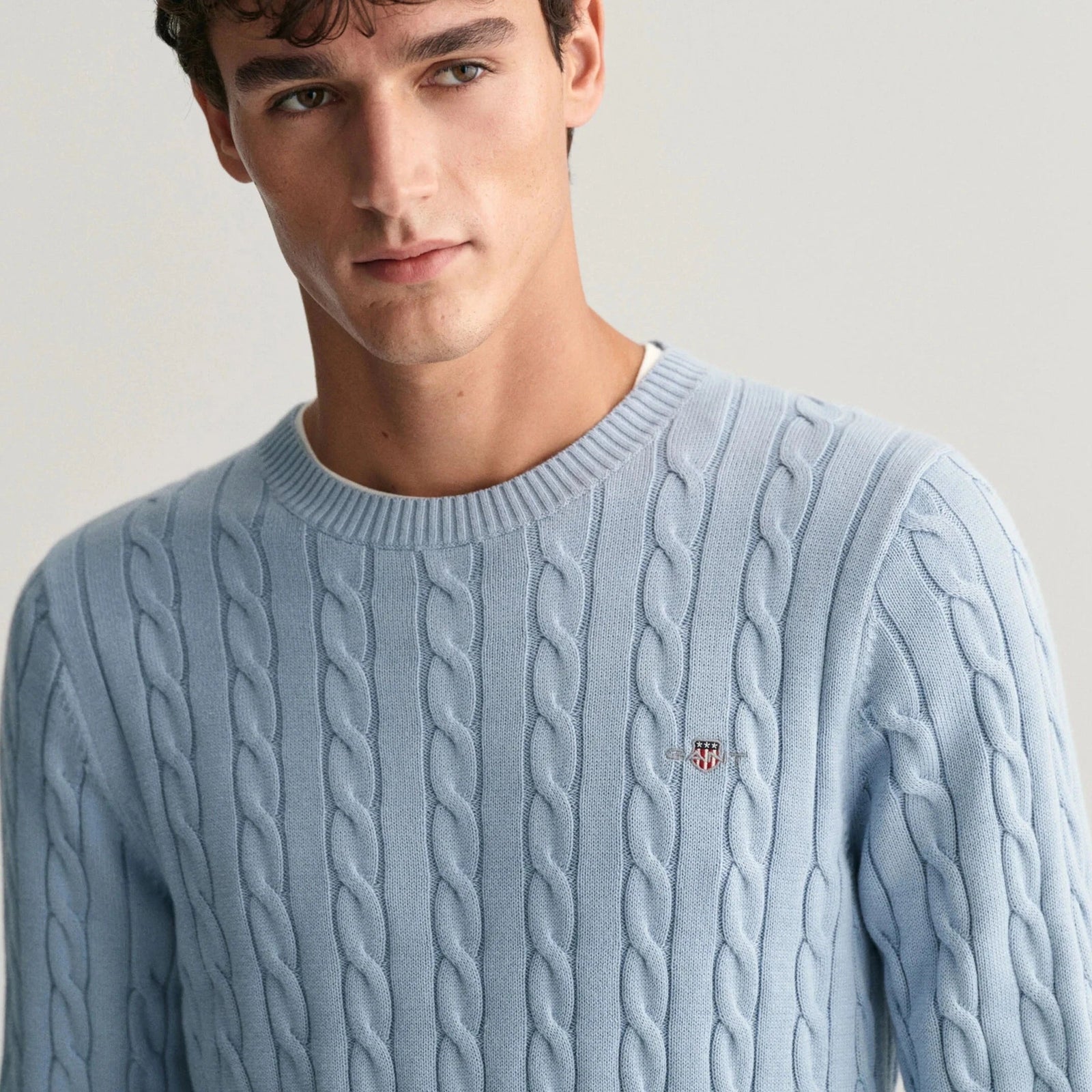 GANT Cotton Cable Knit Crew Neck Sweater in Dove Blue