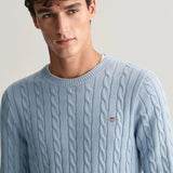 Gant Cotton Cable Knit Crew Neck Sweater in Dove Blue