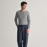 GANT Cotton Cable Knit Crew Neck Sweater In Grey Melange