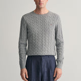 GANT Cotton Cable Knit Crew Neck Sweater In Grey Melange