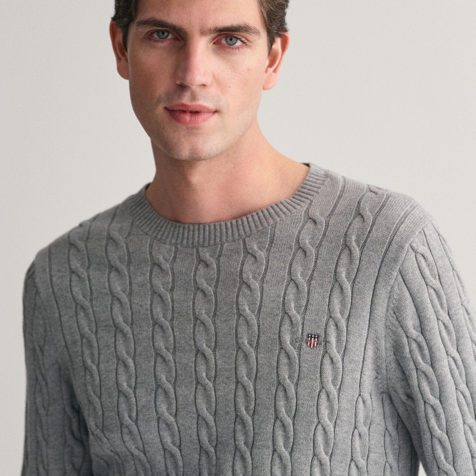 GANT Cotton Cable Knit Crew Neck Sweater in Grey Melange