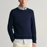 GANT Cotton Linen Crew Neck Sweater in Evening Blue