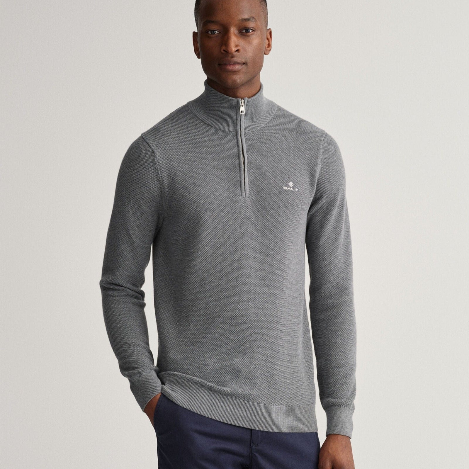 GANT Cotton Piqué Half-Zip Sweater Dark Grey Melange