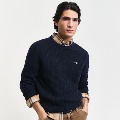 GANT Lambswool Cable Knit Crew Neck Sweater in Evening Blue