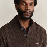 GANT Lambswool Cable Knit Half-Buttoned Sweater In Black Brown