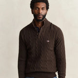 GANT Lambswool Cable Knit Half-Buttoned Sweater In Black Brown