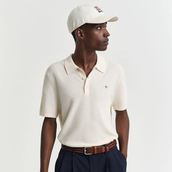 GANT Micro Textured Cotton Polo Shirt in Cream