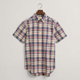 Gant Regular Fit Checked Cotton Linen Short Sleeve Shirt in Dusty Blue Sea